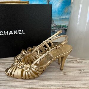 Chanel Gold Camellia Heel Slingbacks